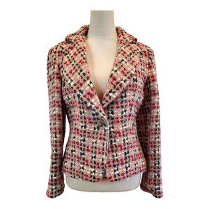 FASHIONISTA SZ M Vintage Tweed Wool/Mohair Blend Blazer  Pink Red Tan Made USA